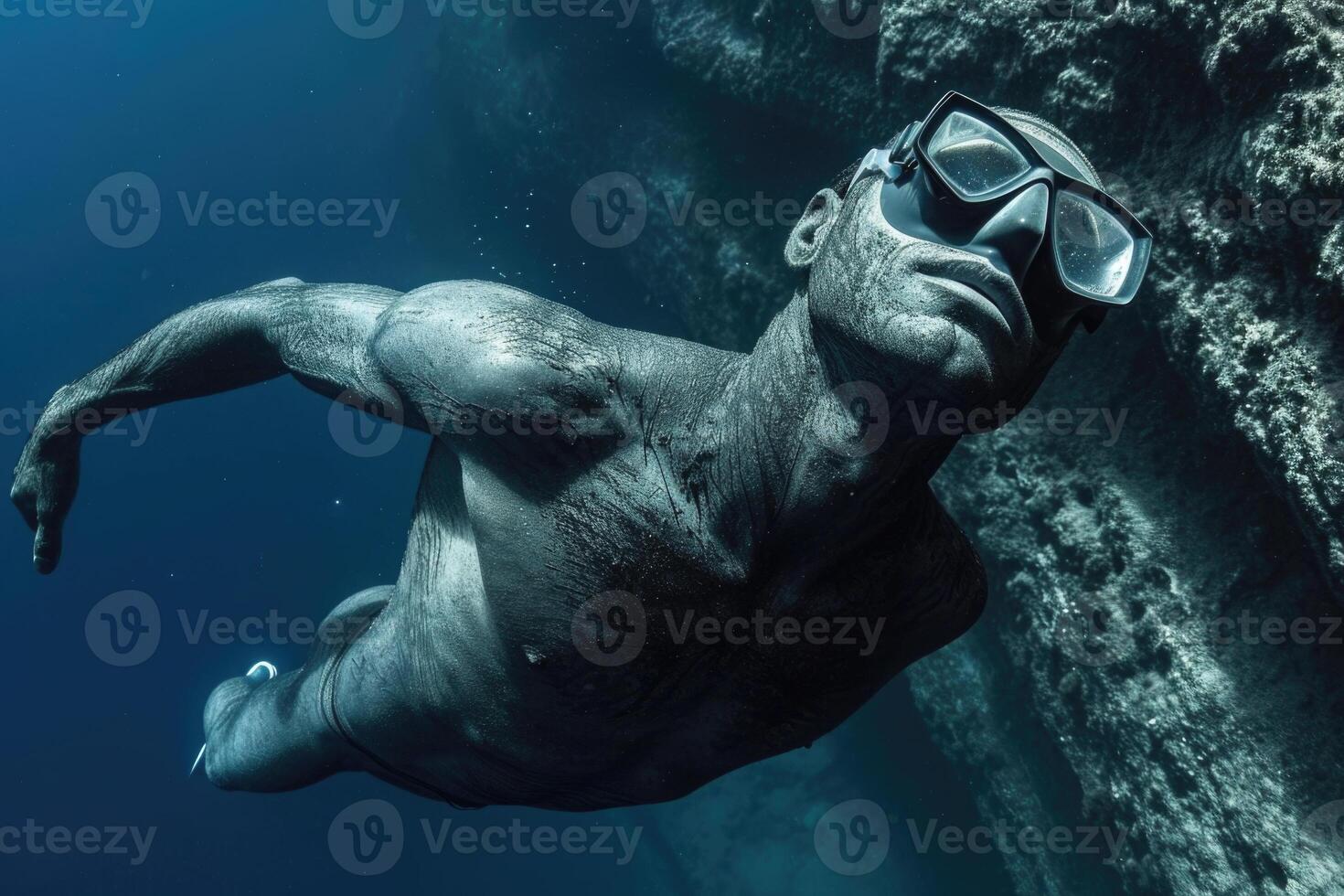 AI generated The freediver quickly swims to the surface of the water from the bottom into the sea photo