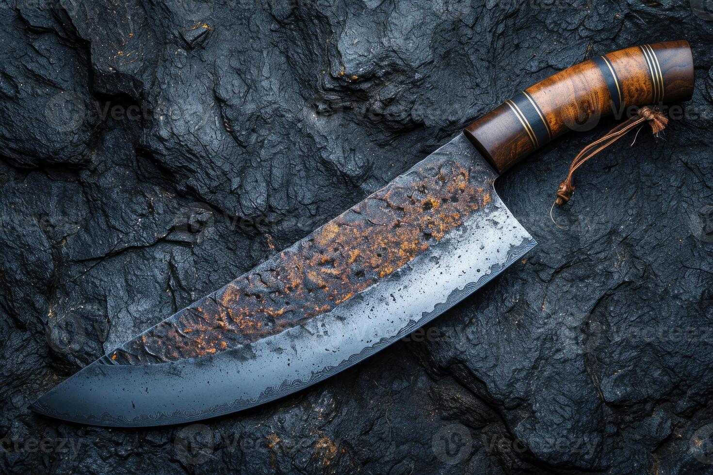 AI generated One Stylish Damascus steel kitchen knife on a wooden board photo