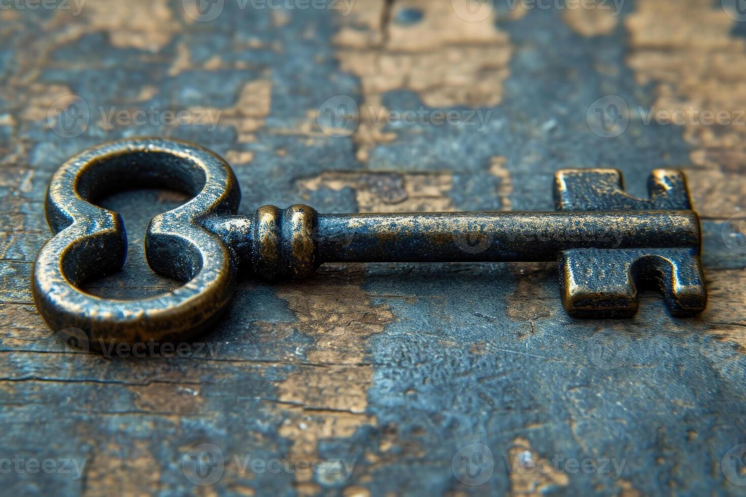 AI generated An old designer key with a lock decoration lies on a wooden background photo