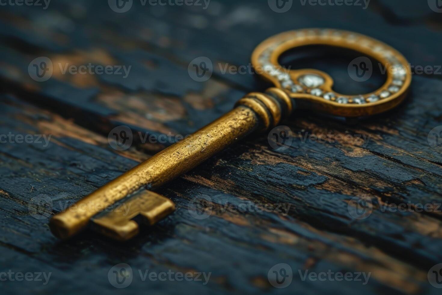 AI generated An old designer key with a lock decoration lies on a wooden background photo