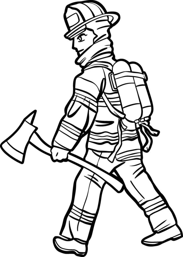 Cartoon Firefighter in Gear with Axe Walking vector