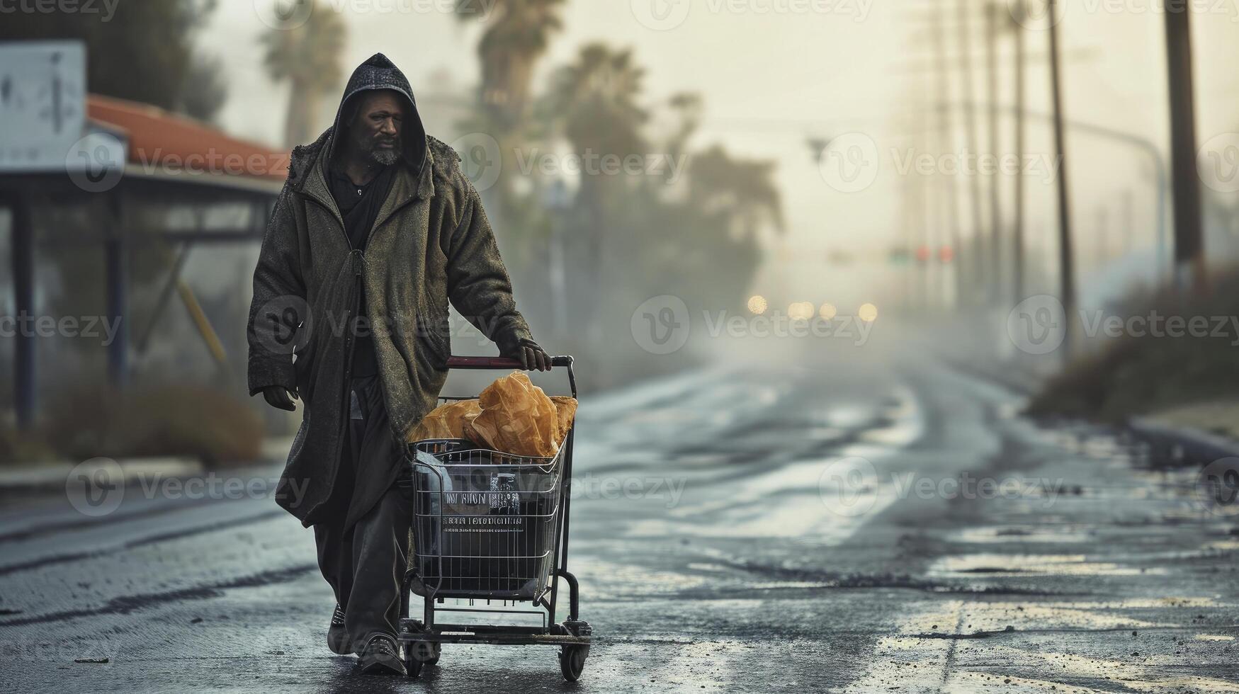 AI generated Desperate homeless man carries shopping cart with his belongings photo