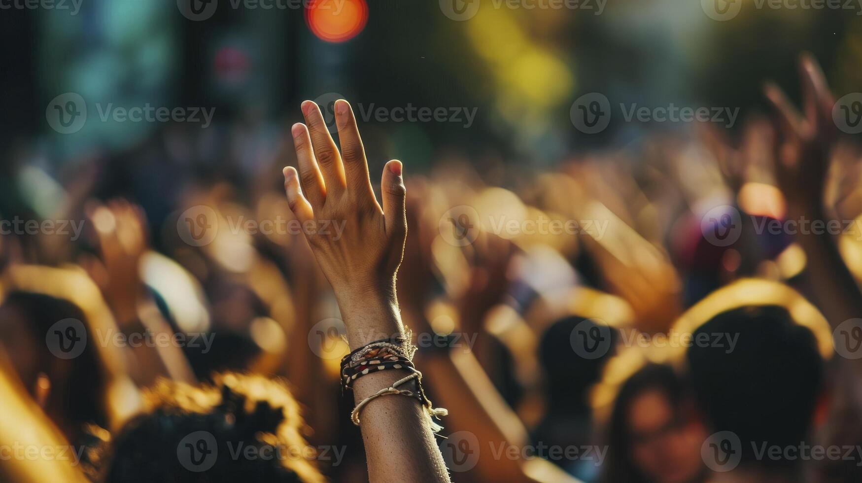 ai generado mano levantamiento con difuminar multitud gente, discutir sugerencia conceptos o votación en Consejo reunión cooperación de democracia. foto