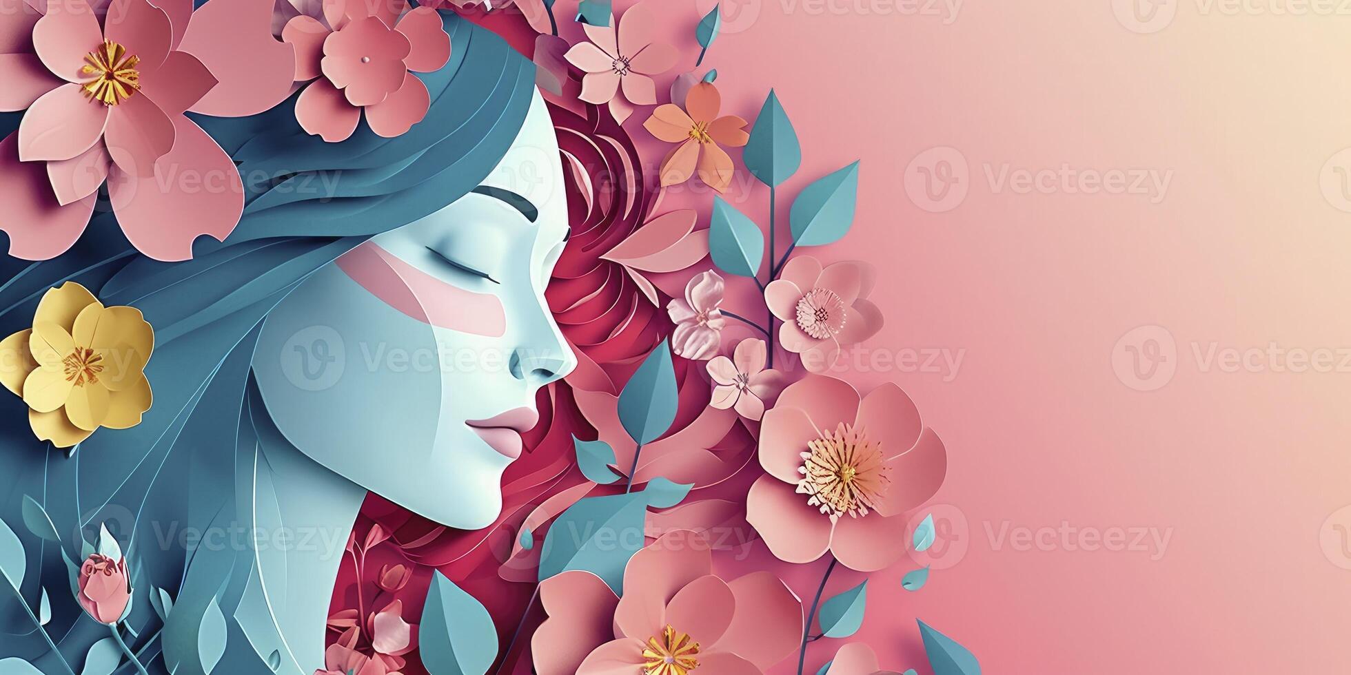 ai generado ilustración de cara y flores estilo papel cortar con Copiar espacio para internacional De las mujeres día foto