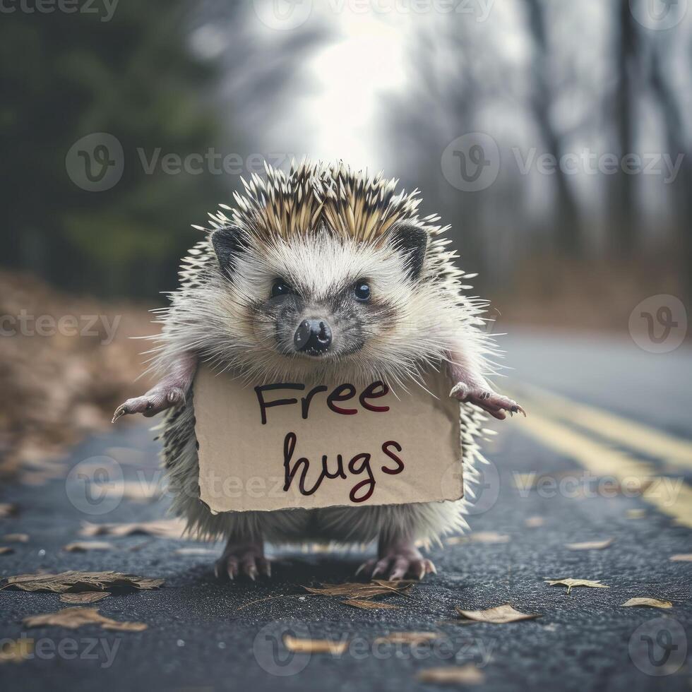 AI generated Adorable spiky hedgehog standing on a deserted street with his arms wide open for a hug. The cardboard has writing on it that says Free hugs. photo