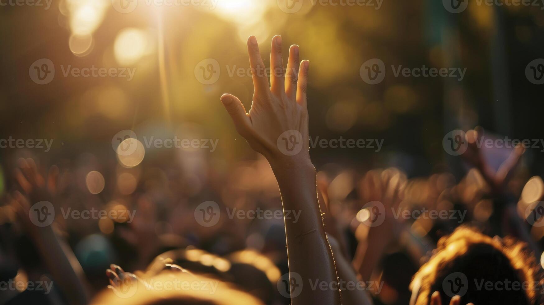 ai generado mano levantamiento con difuminar multitud gente, discutir sugerencia conceptos o votación en Consejo reunión cooperación de democracia. foto