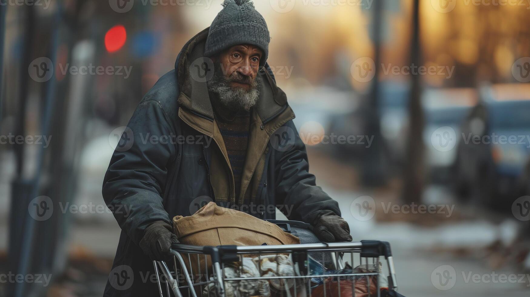 AI generated Desperate homeless man carries shopping cart with his belongings photo