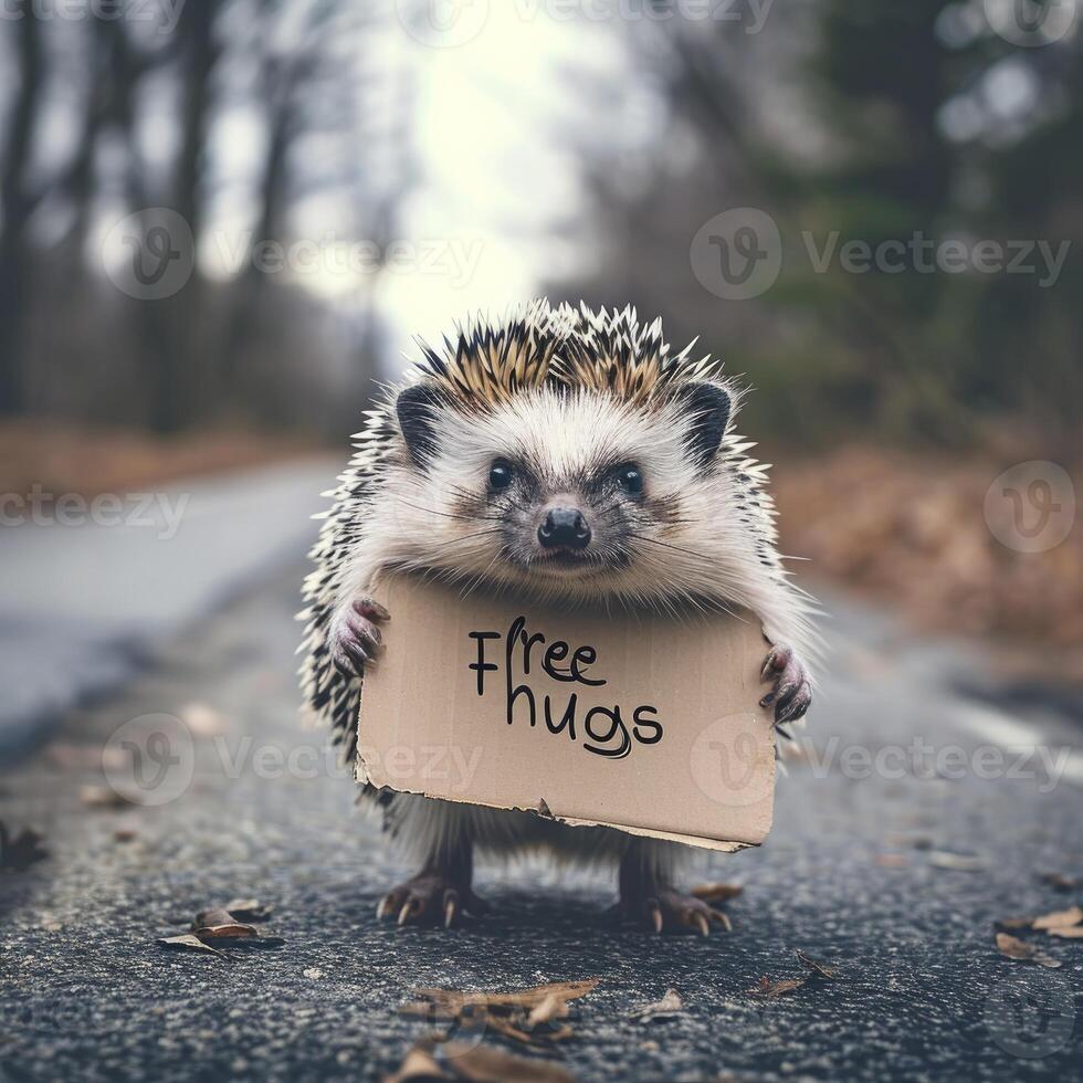 AI generated Adorable spiky hedgehog standing on a deserted street with his arms wide open for a hug. The cardboard has writing on it that says Free hugs. photo