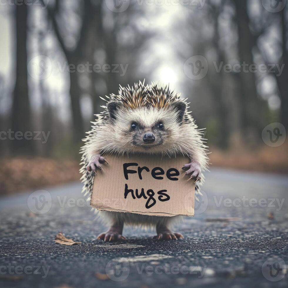 AI generated Adorable spiky hedgehog standing on a deserted street with his arms wide open for a hug. The cardboard has writing on it that says Free hugs. photo