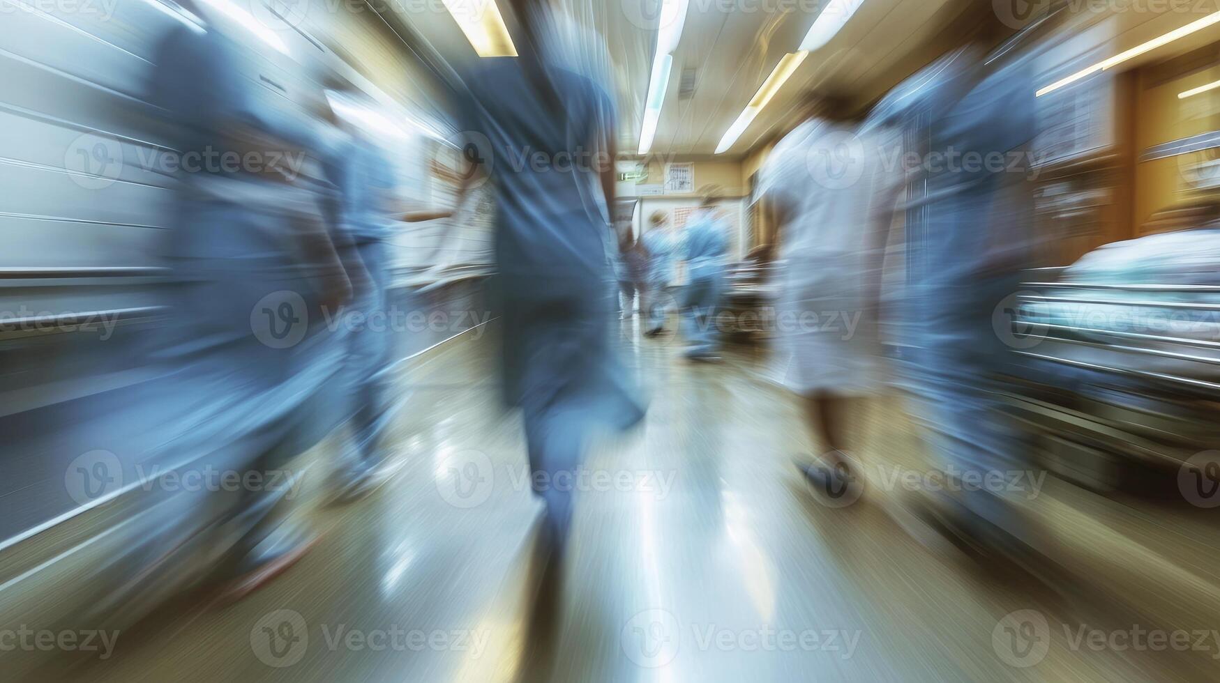 ai generado largo exposición borroso movimiento de médico doctores y enfermeras en un hospital sala vistiendo azul delantales, caminando abajo un corredor foto