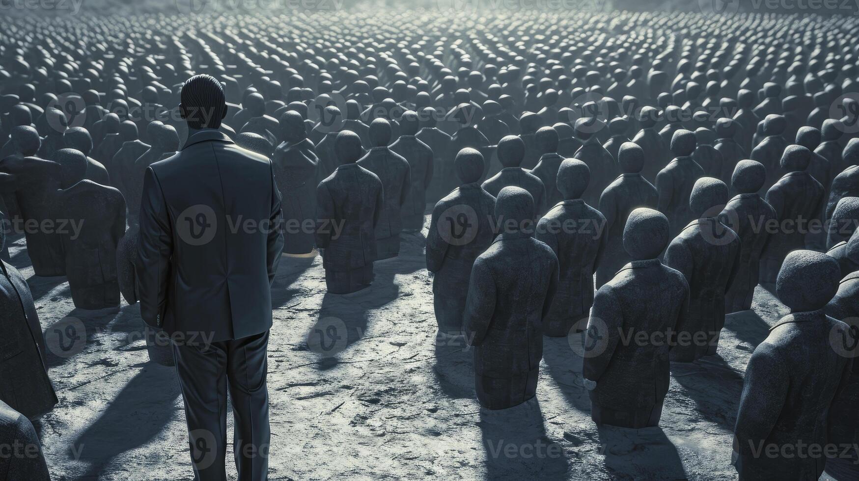 AI generated A man in business attire, standing with a look of quiet resolve amidst a sea of faceless, uniform figures. Individuality versus conformity concept photo