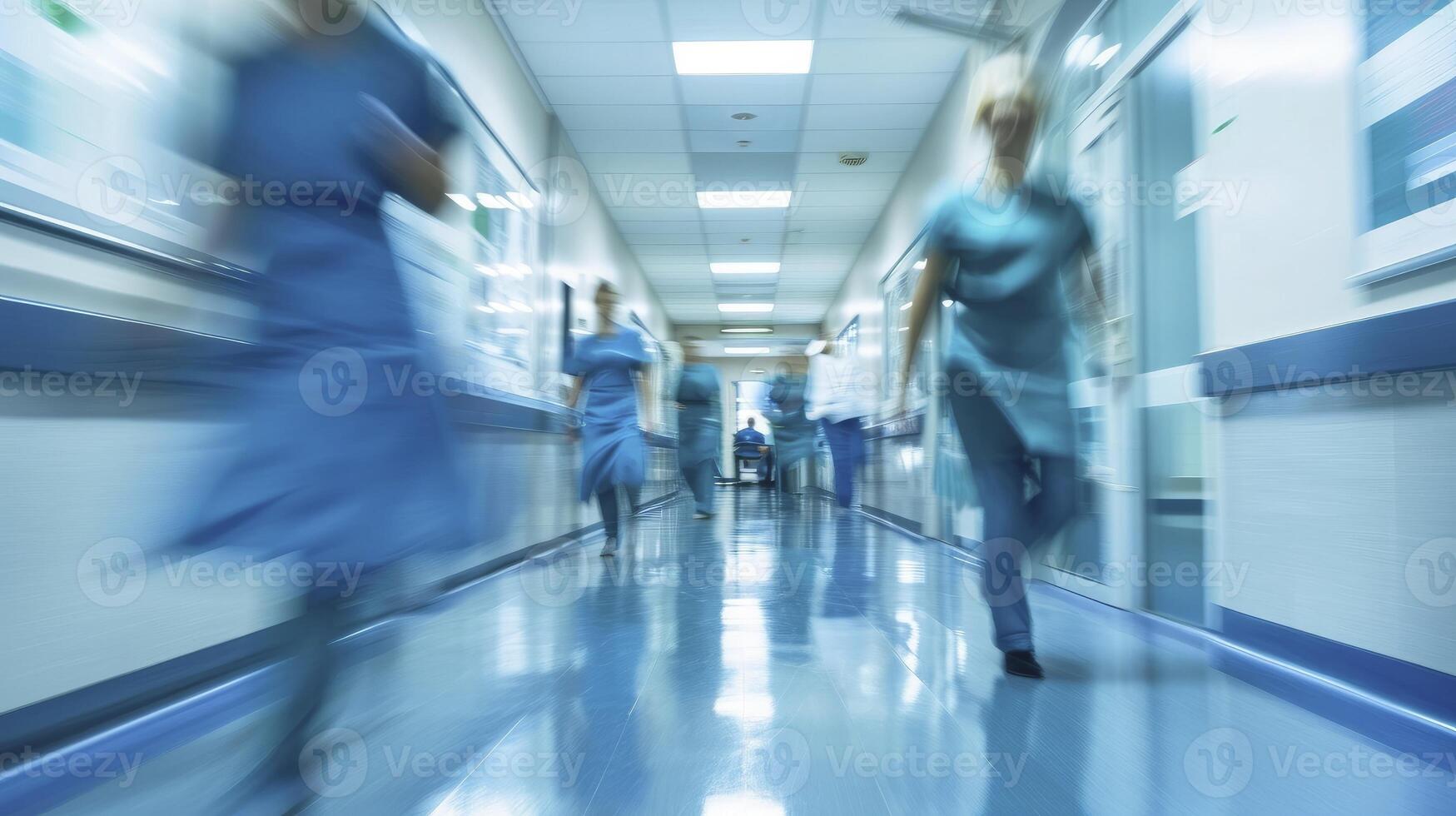 ai generado largo exposición borroso movimiento de médico doctores y enfermeras en un hospital sala vistiendo azul delantales, caminando abajo un corredor foto