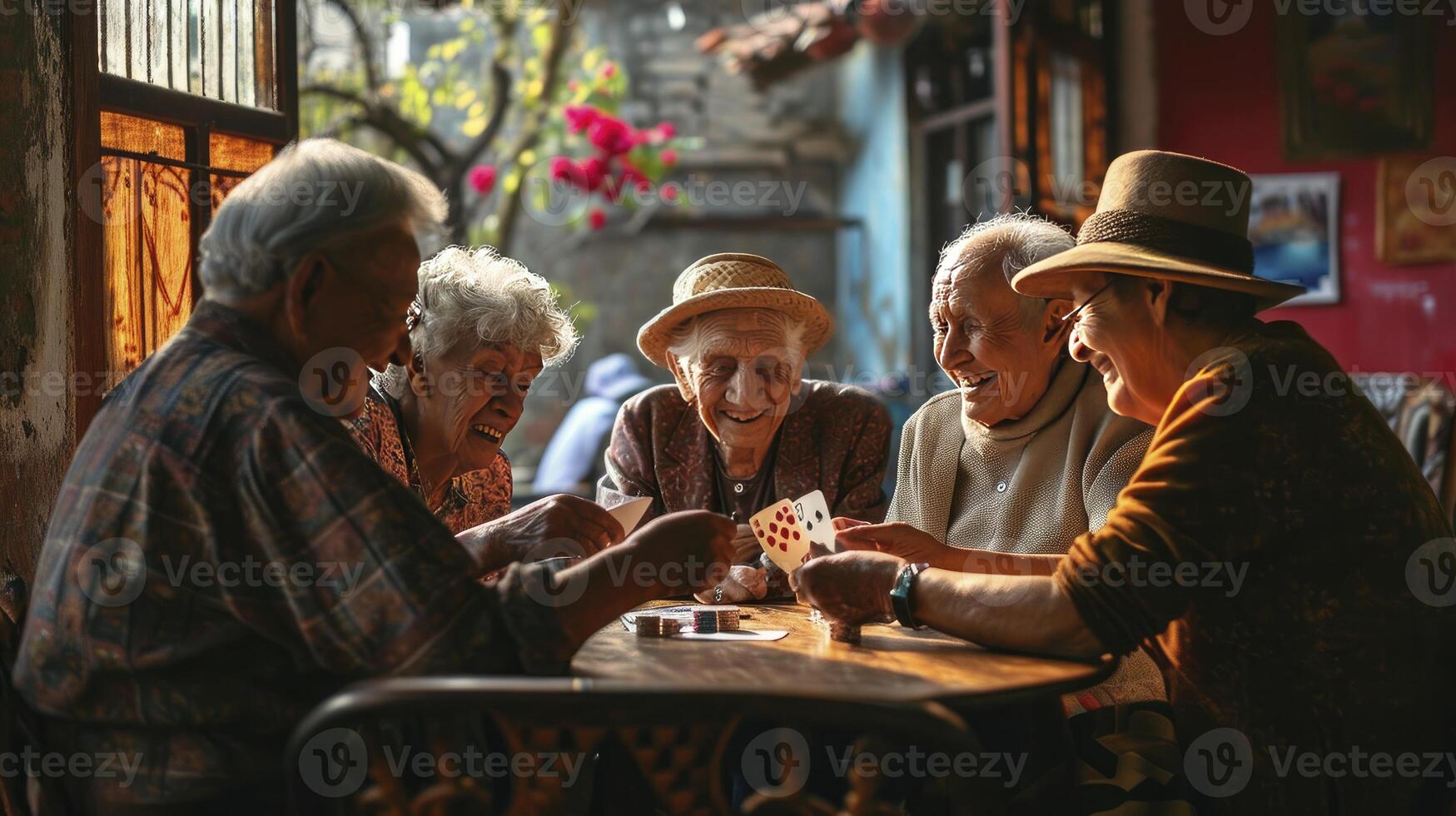 AI generated Happy joyful group of seniors playing cards photo