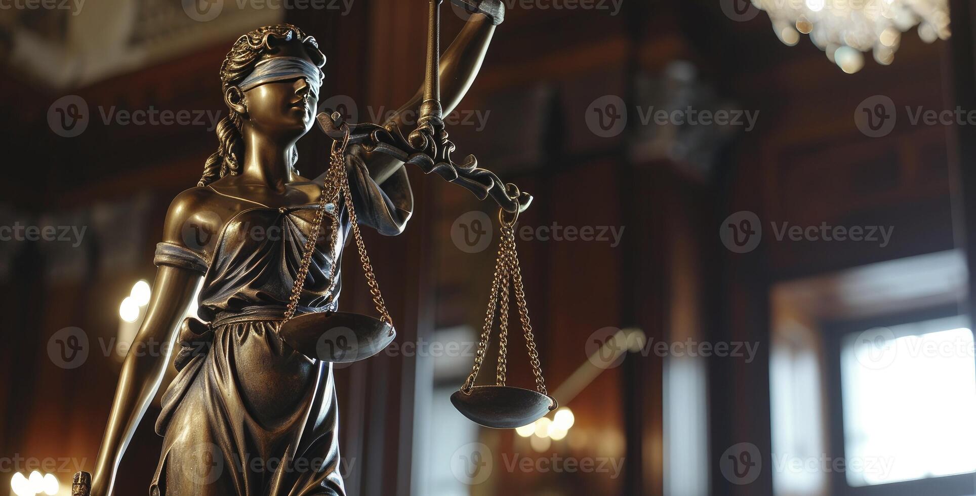 AI generated Lady of Justice Statue Blindfolded Guardian. In a Lawyers Office, Exemplifying the Pursuit of Truth and Justice photo