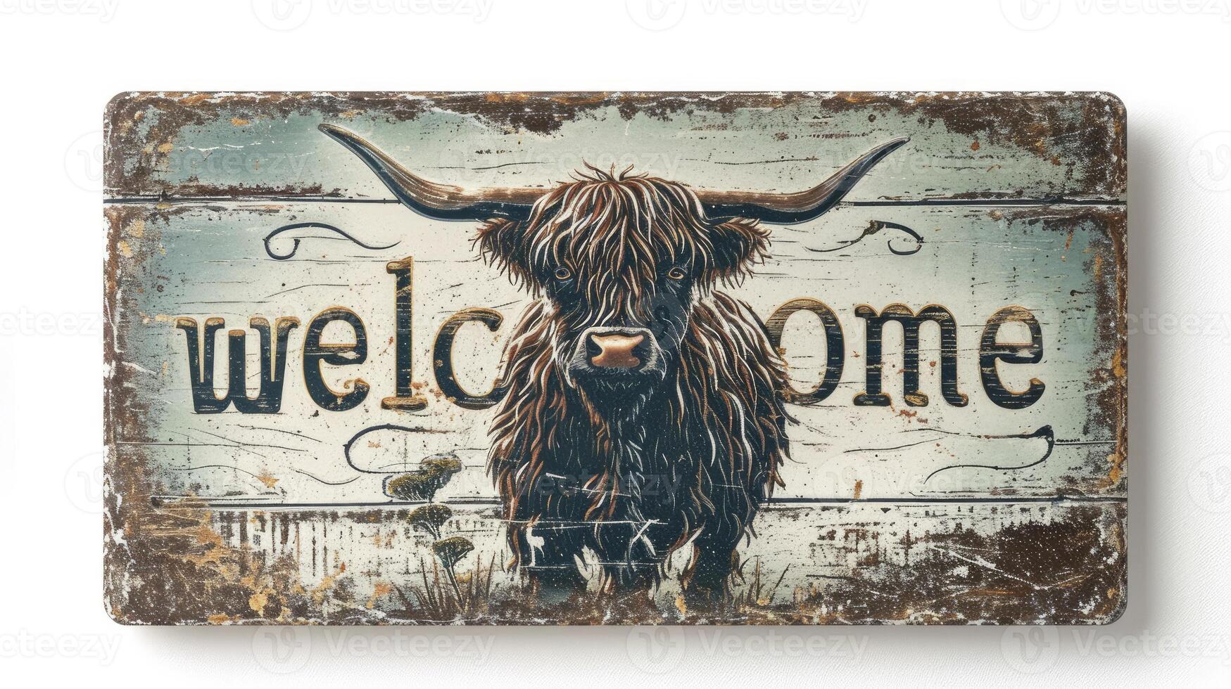 AI generated scottish highland cattle with big horns with welcome sign photo