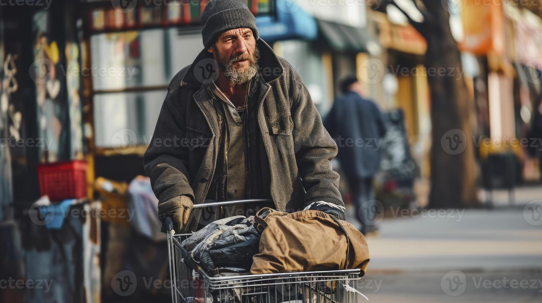 AI generated Desperate homeless man carries shopping cart with his belongings photo