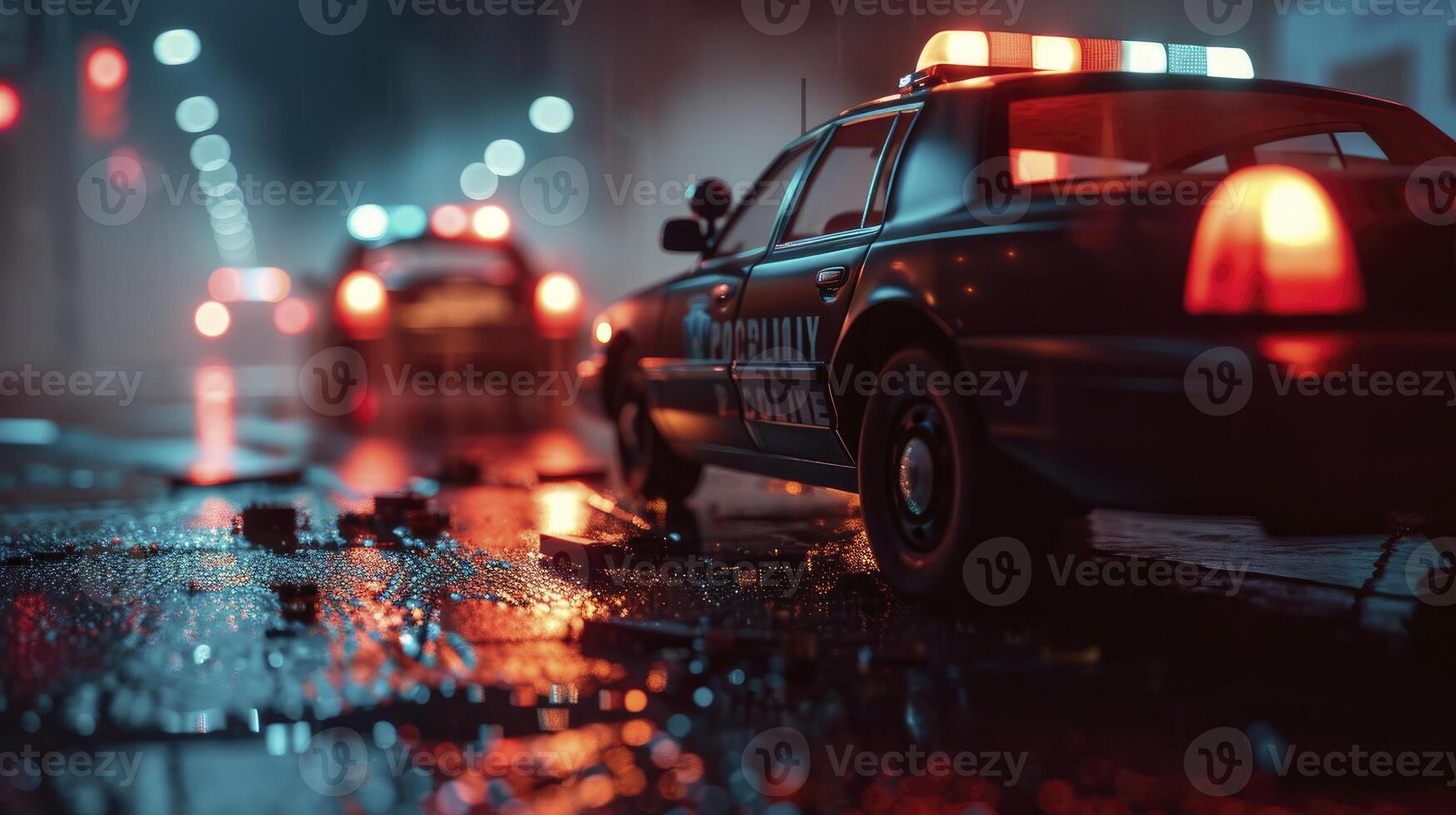 AI generated Idea for an action film. On a foggy, dark background, police cars and a miniature movie are displayed. A nighttime pursuit by a police cruiser. accident at the crime scene photo