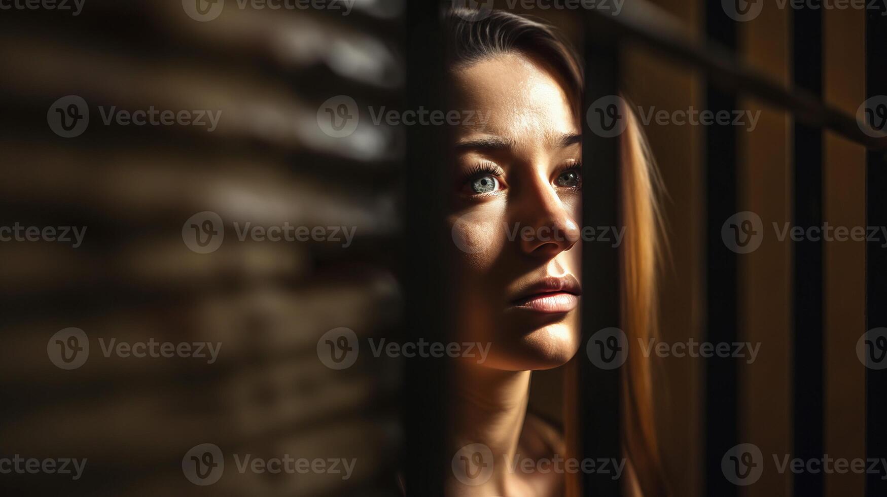 AI generated Sorrowful female inmate sad behind bars desperately asking to released from custody photo