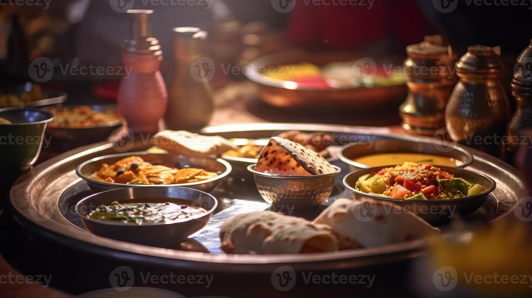 AI generated Stunning delicious Indian Thali dish symphony of spices and flavors, Thali graces cafe table photo