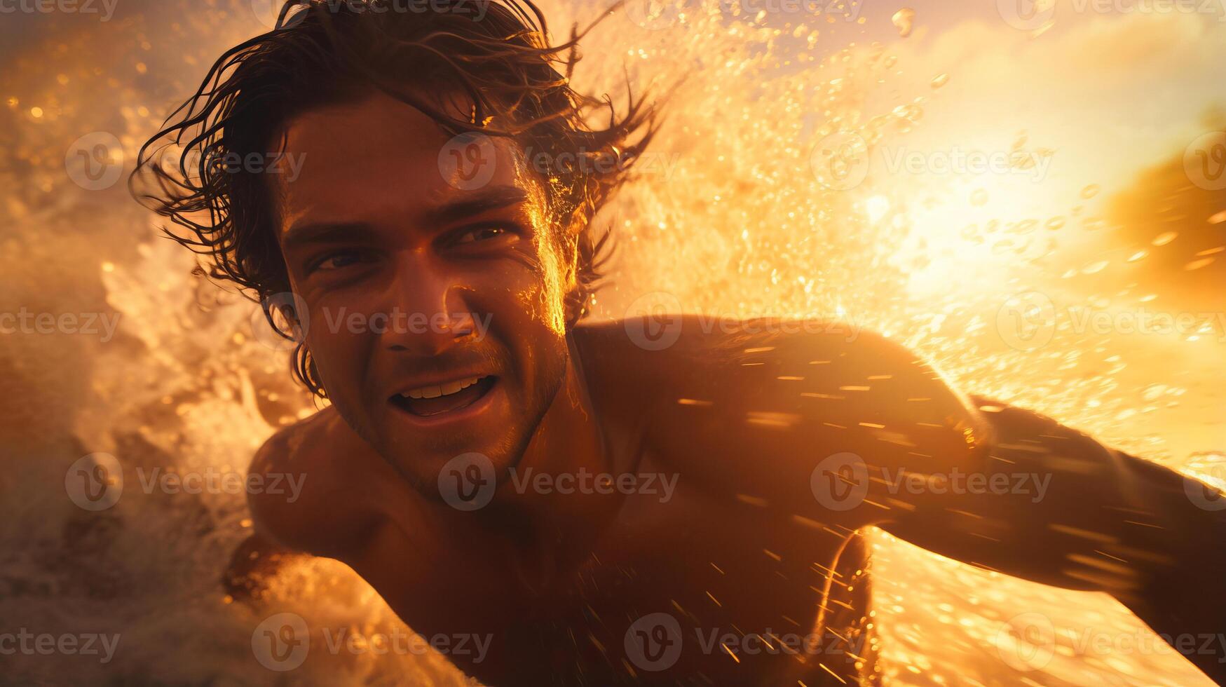 AI generated Close up of attractive man swimming in sea at golden warm glow of sunset surrounded by sea spray photo