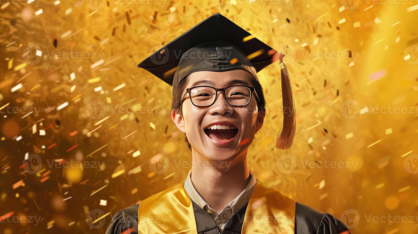 AI generated Happy asian young guy wearing graduation cap and gown, smiling guy beams with happiness photo