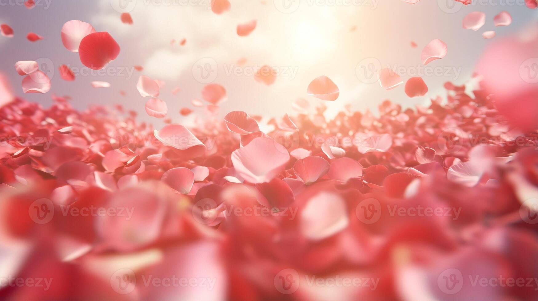 AI generated Red rose petals gently falling in soft sunlight, fragile feminine background photo