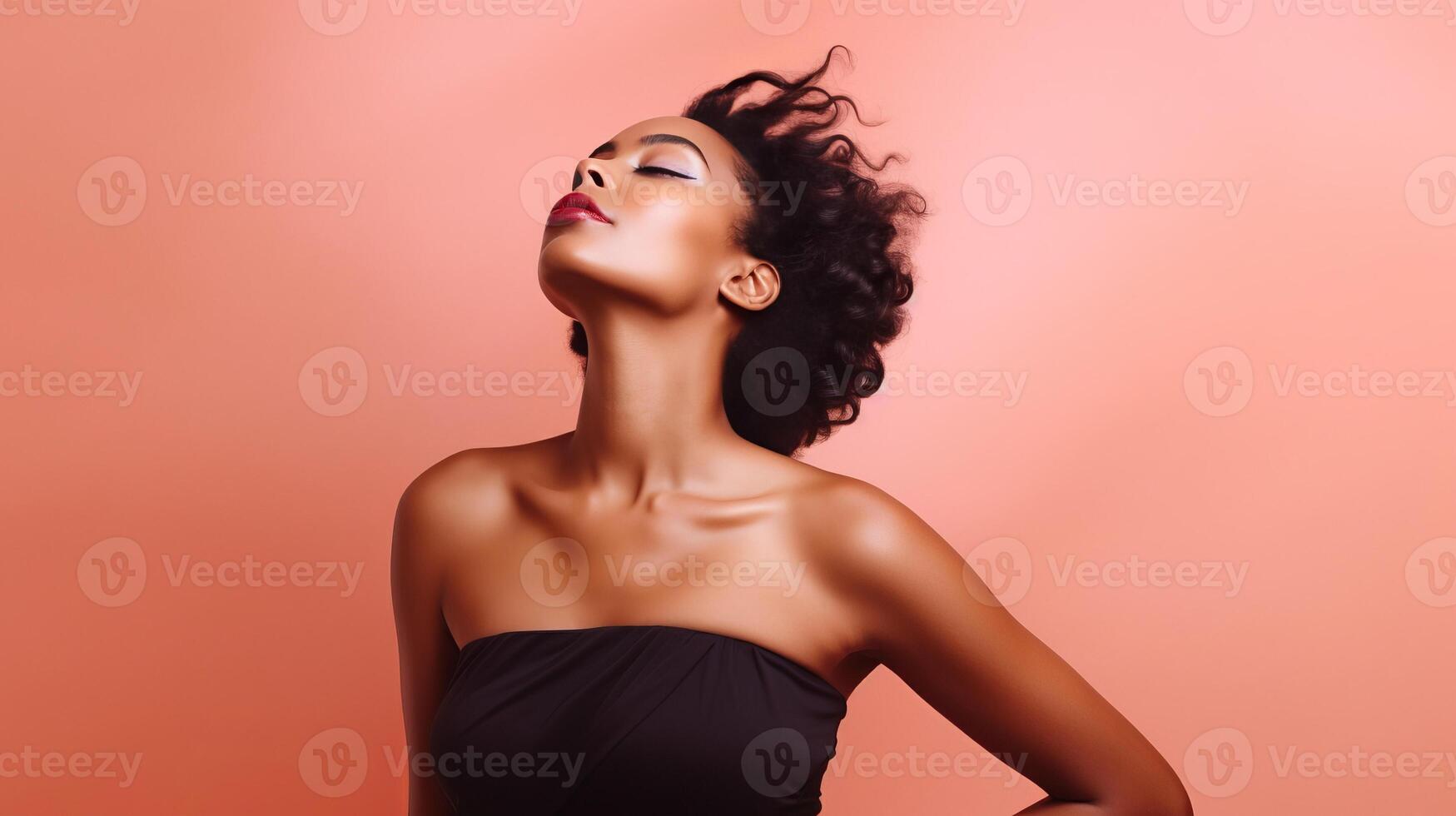 AI generated Charming dark skinned girl in black dress threw her head