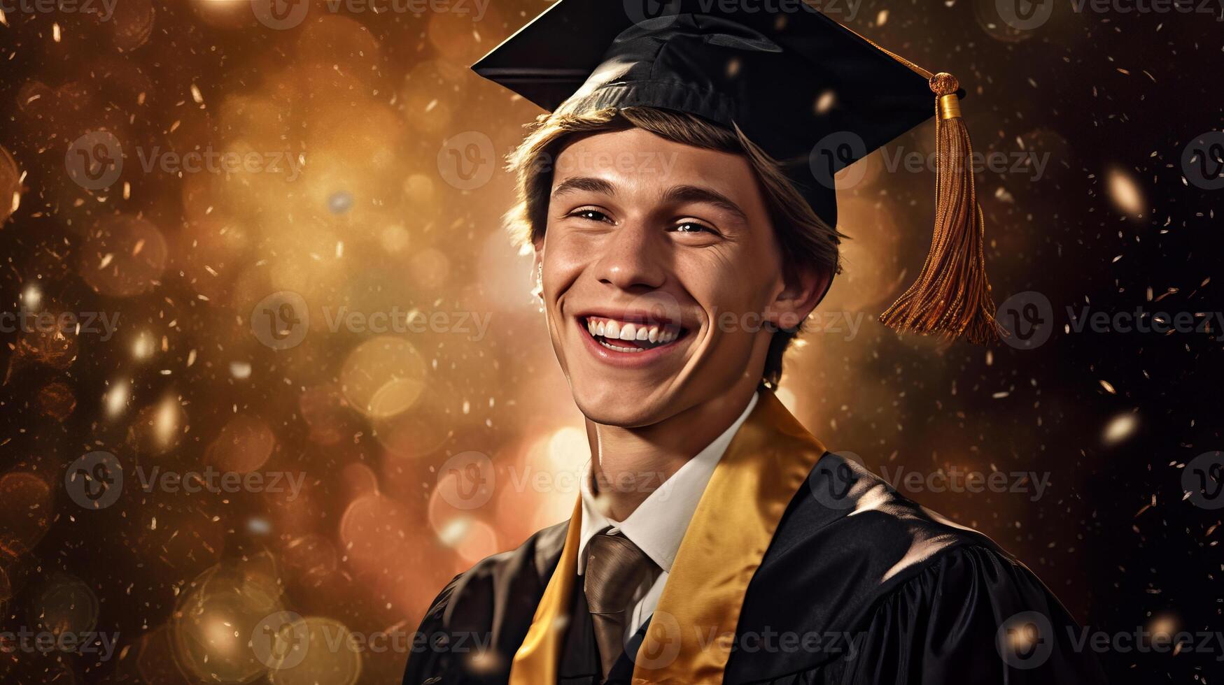 AI generated Happy young man wearing graduation cap and gown, smiling young guy beams with happiness photo