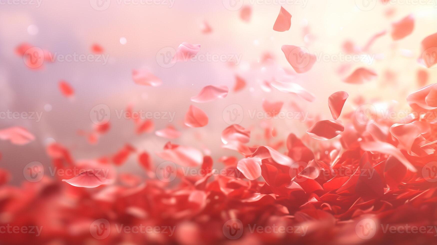 AI generated Red rose petals gently falling in soft sunlight, fragile feminine background photo