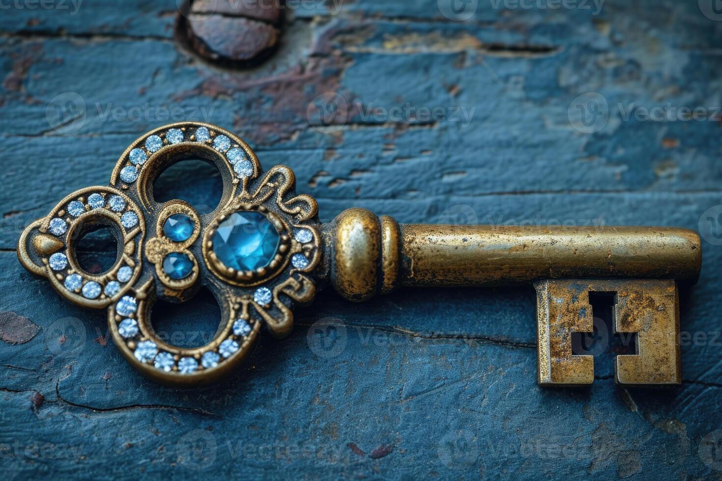 AI generated An old designer key with a lock decoration lies on a wooden background photo