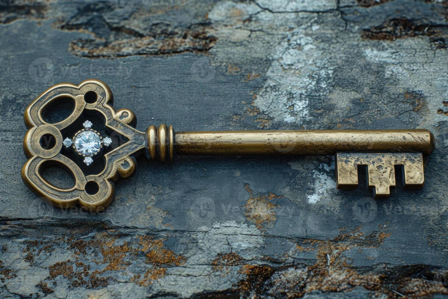 AI generated An old designer key with a lock decoration lies on a wooden background photo