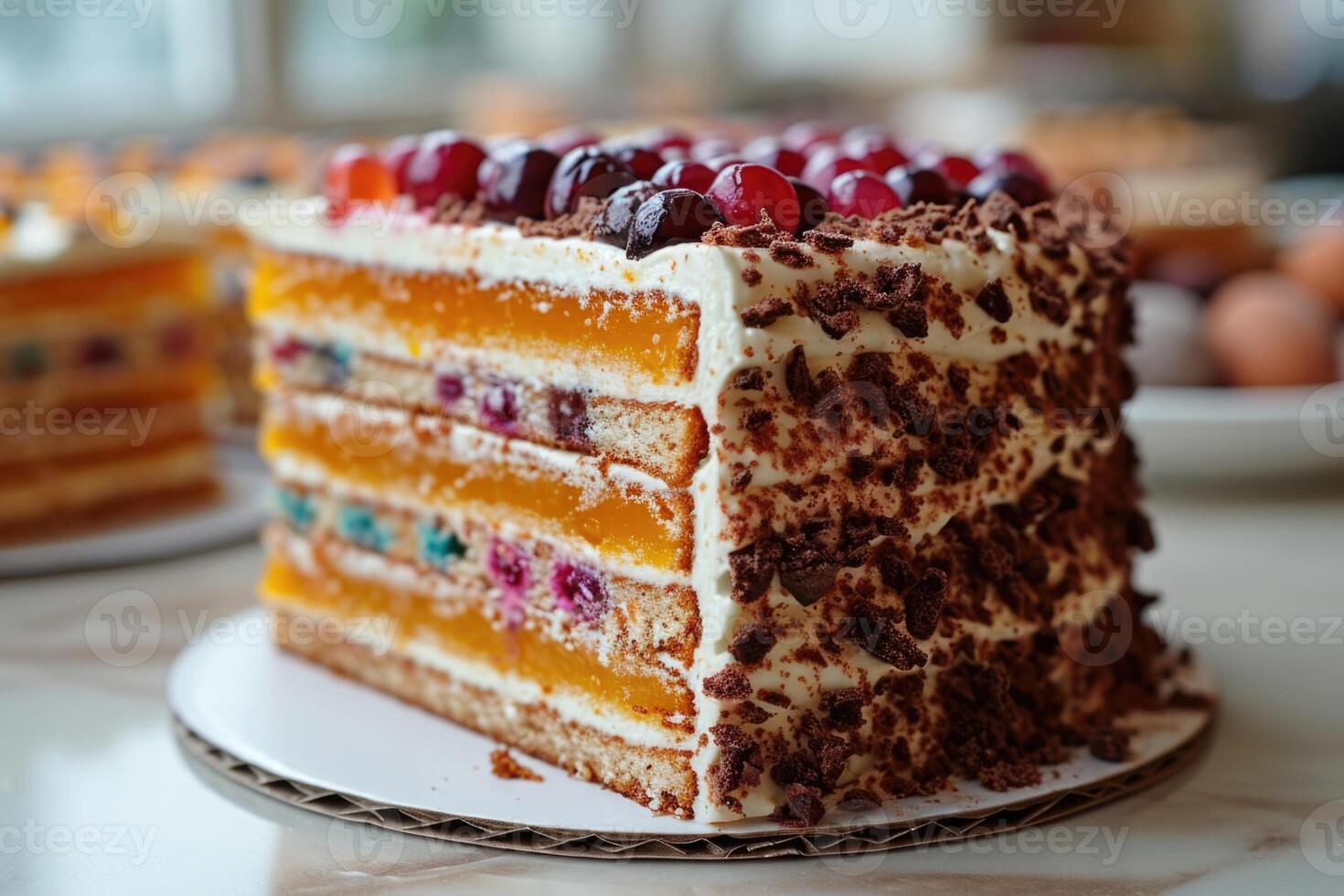 AI generated A stylish handmade cake with a cut-out piece stands on the stand of the kitchen table photo