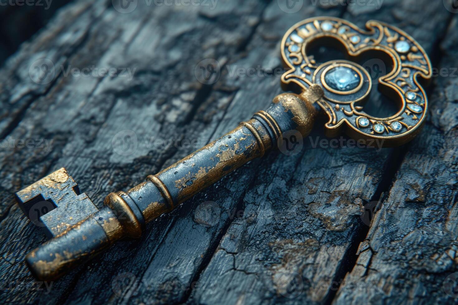 AI generated An old designer key with a lock decoration lies on a wooden background photo