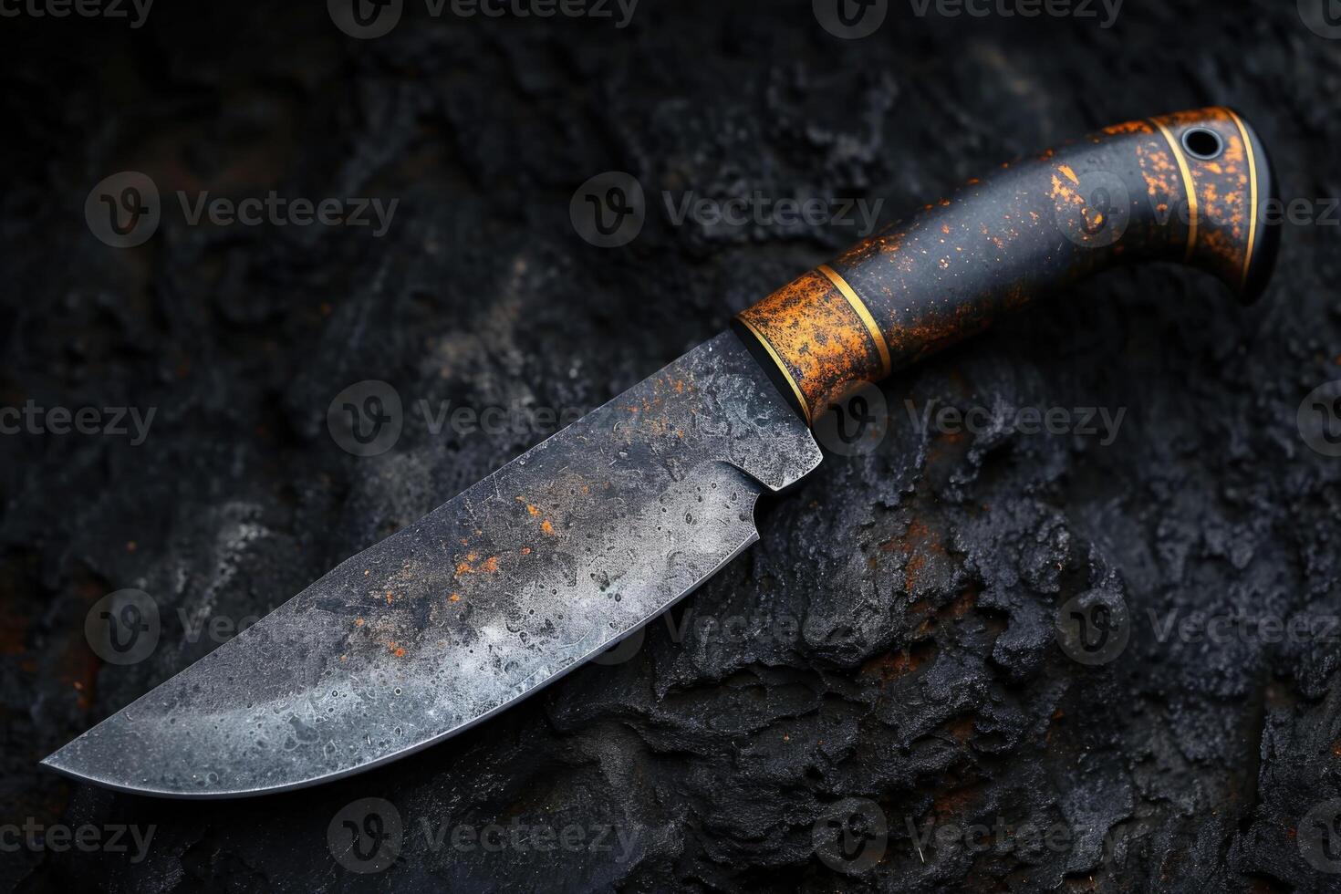 AI generated One Stylish Damascus steel kitchen knife on a wooden board photo