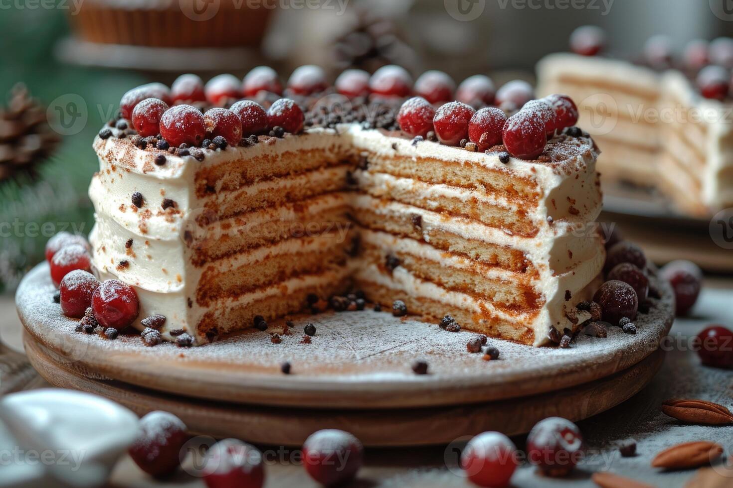 AI generated A stylish handmade cake with a cut-out piece stands on the stand of the kitchen table photo
