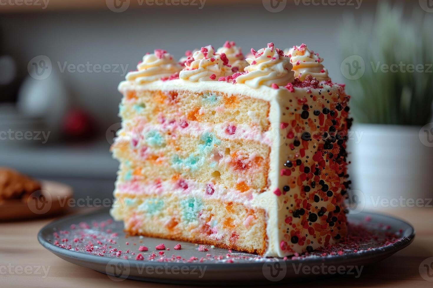 AI generated A stylish handmade cake with a cut-out piece stands on the stand of the kitchen table photo