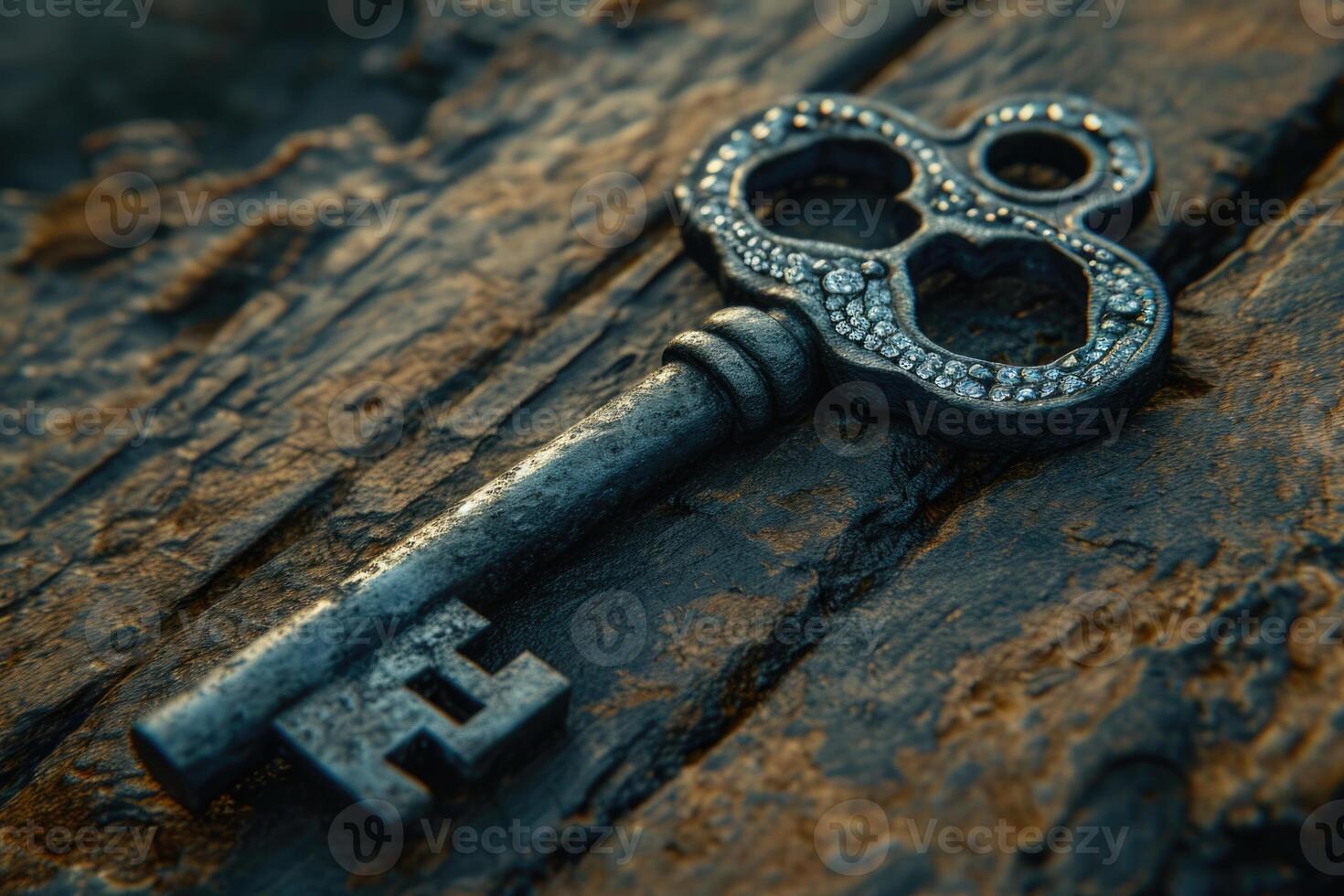 AI generated An old designer key with a lock decoration lies on a wooden background photo