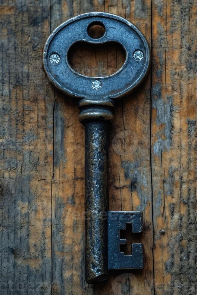 AI generated An old designer key with a lock decoration lies on a wooden background photo