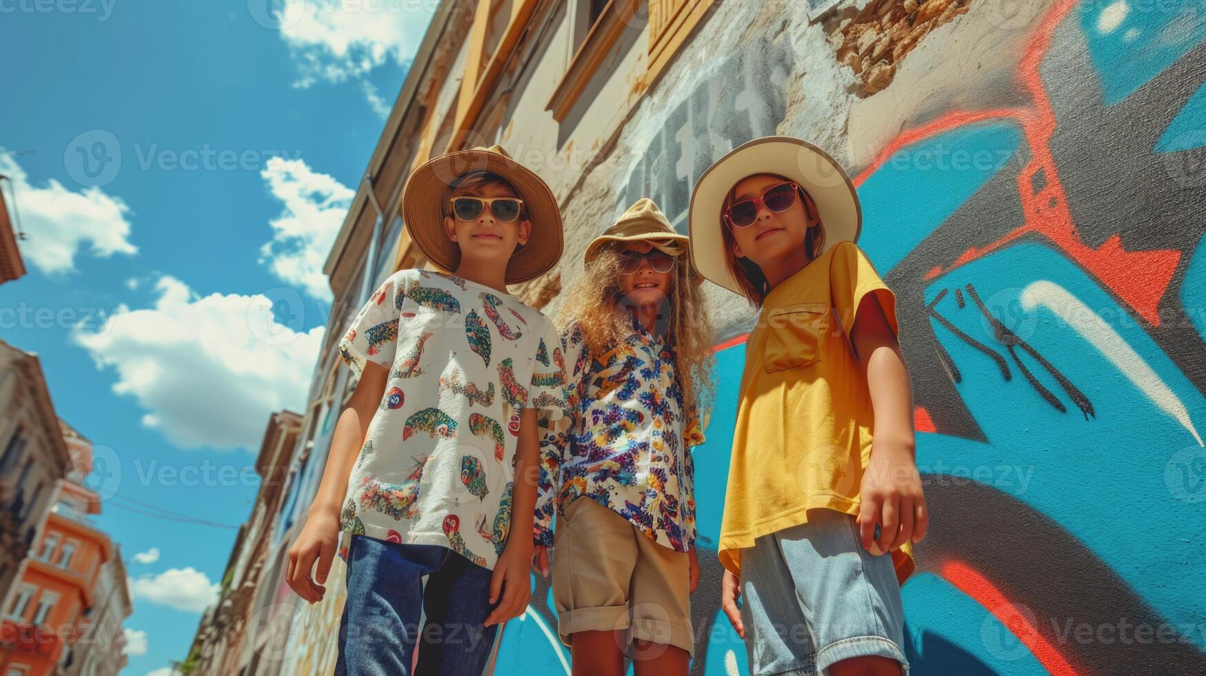 ai generado Tres amigos en vistoso ropa teniendo divertido en un verano vacaciones fuera de foto