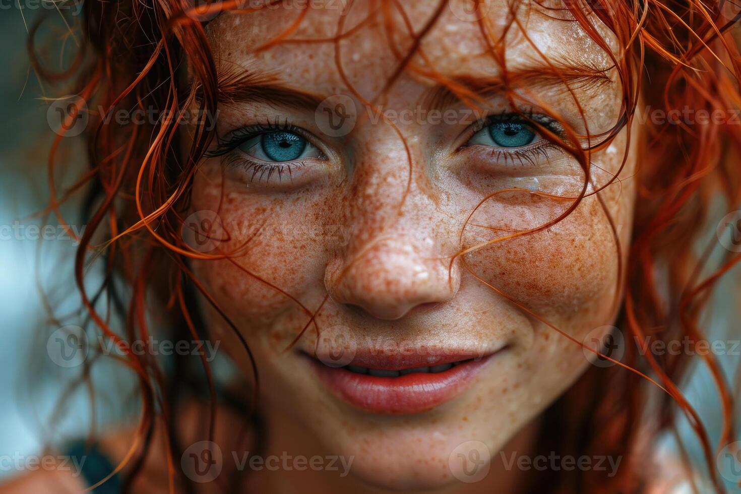 ai generado retrato de un joven Pelirrojo mujer en contra el antecedentes de un lluvioso calle. largo Rizado rojo pelo foto