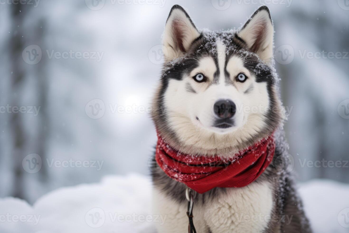 AI generated A Siberian Husky dog in a snowy winter forest photo