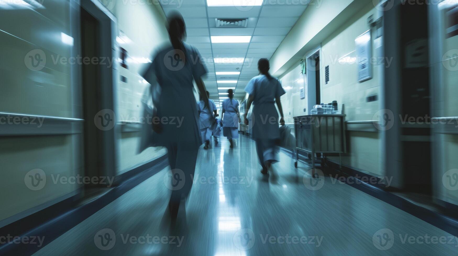 AI generated Long exposure blurred motion of medical doctors and nurses in a hospital ward wearing blue aprons, walking down a corridor photo