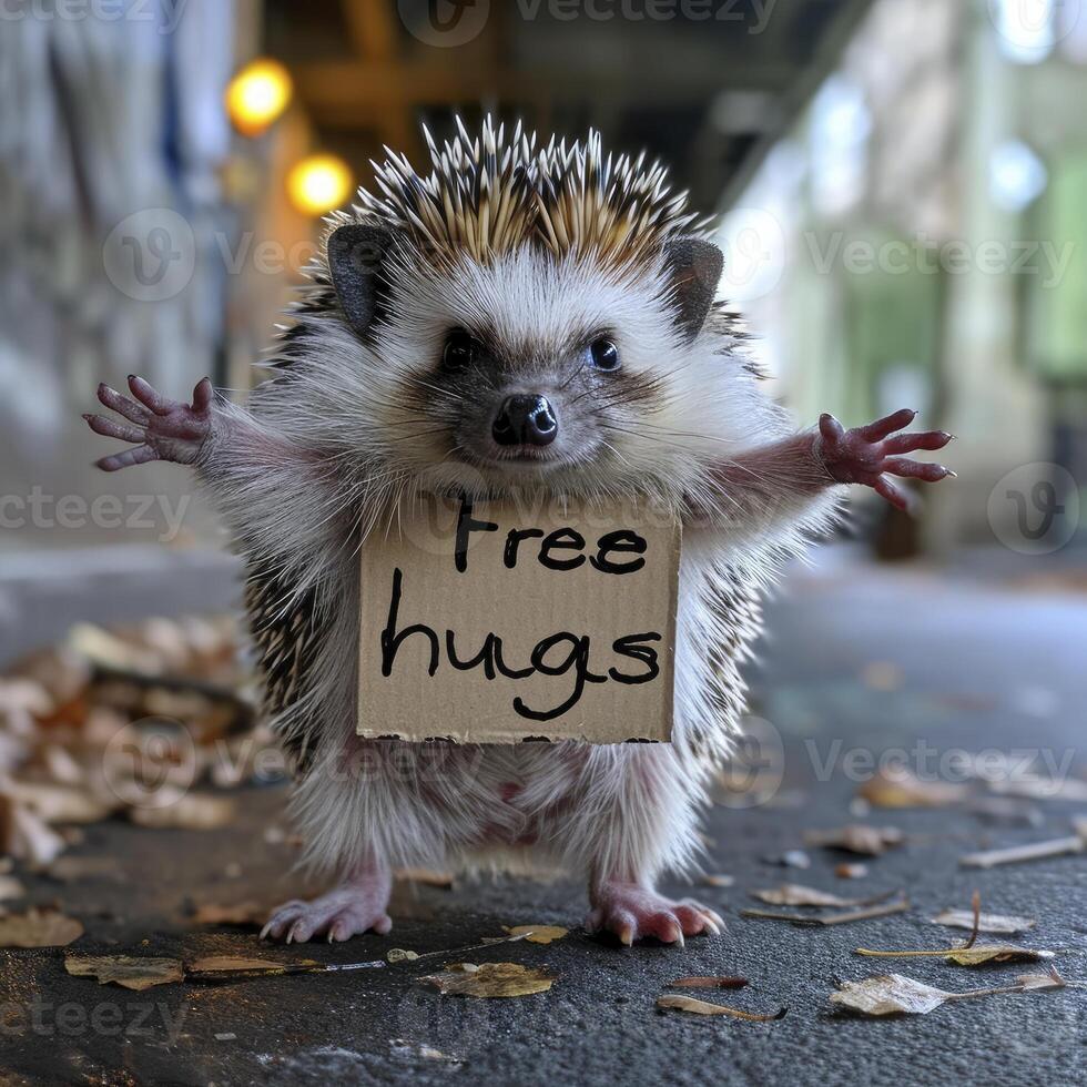 AI generated Adorable spiky hedgehog standing on a deserted street with his arms wide open for a hug. The cardboard has writing on it that says Free hugs. photo