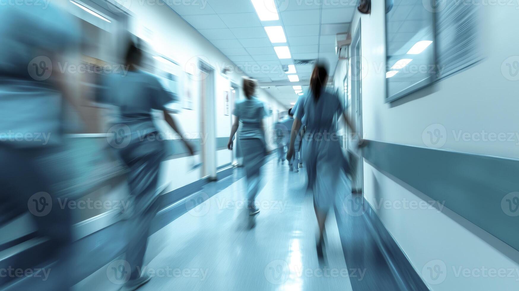 ai generado largo exposición borroso movimiento de médico doctores y enfermeras en un hospital sala vistiendo azul delantales, caminando abajo un corredor foto