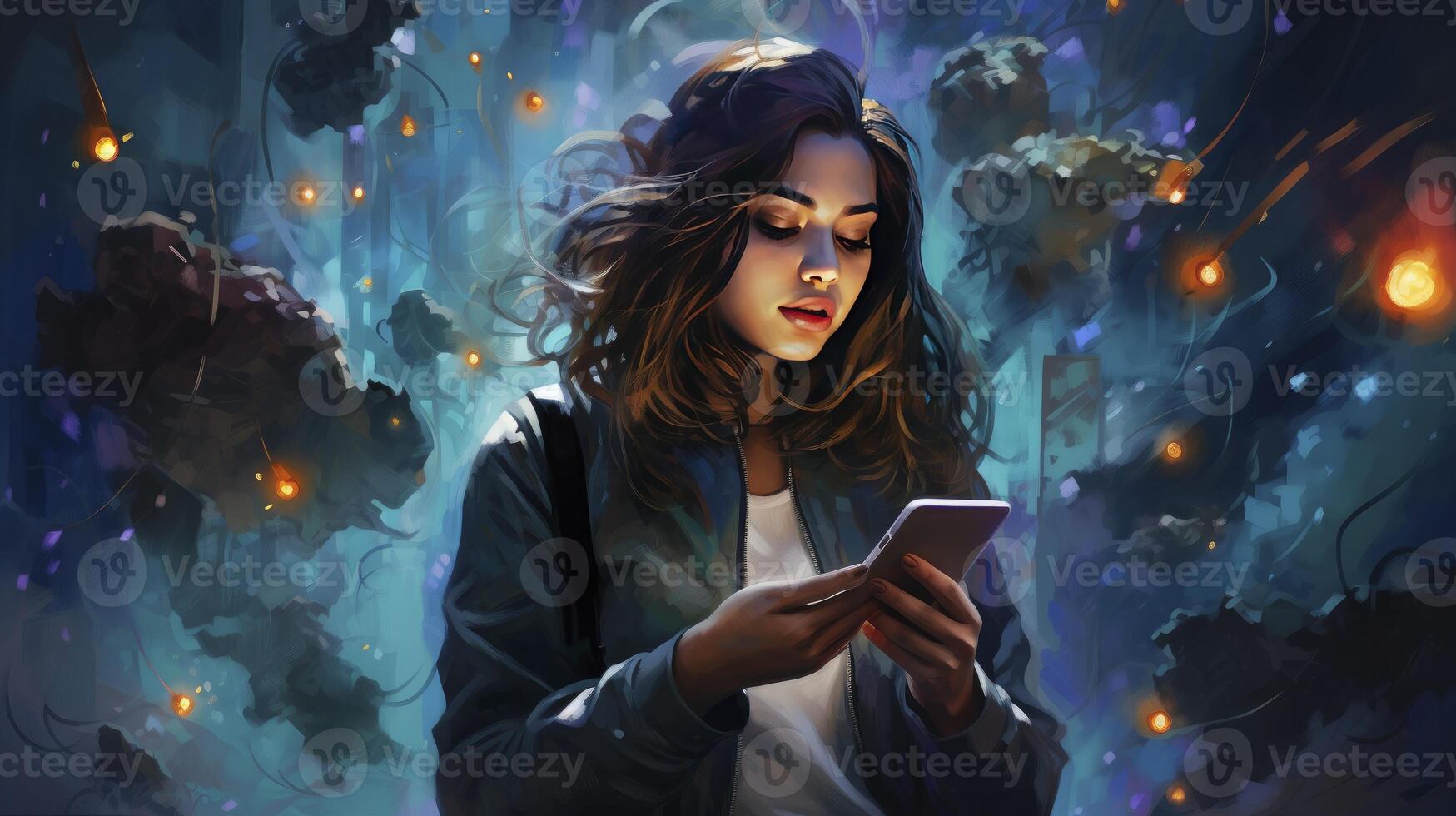 AI generated Mesmerized Young Woman Engulfed in a Dynamic Swirl of Floating Smartphones and Digital Debris, Symbolizing Information Overload and Social Media Chaos photo