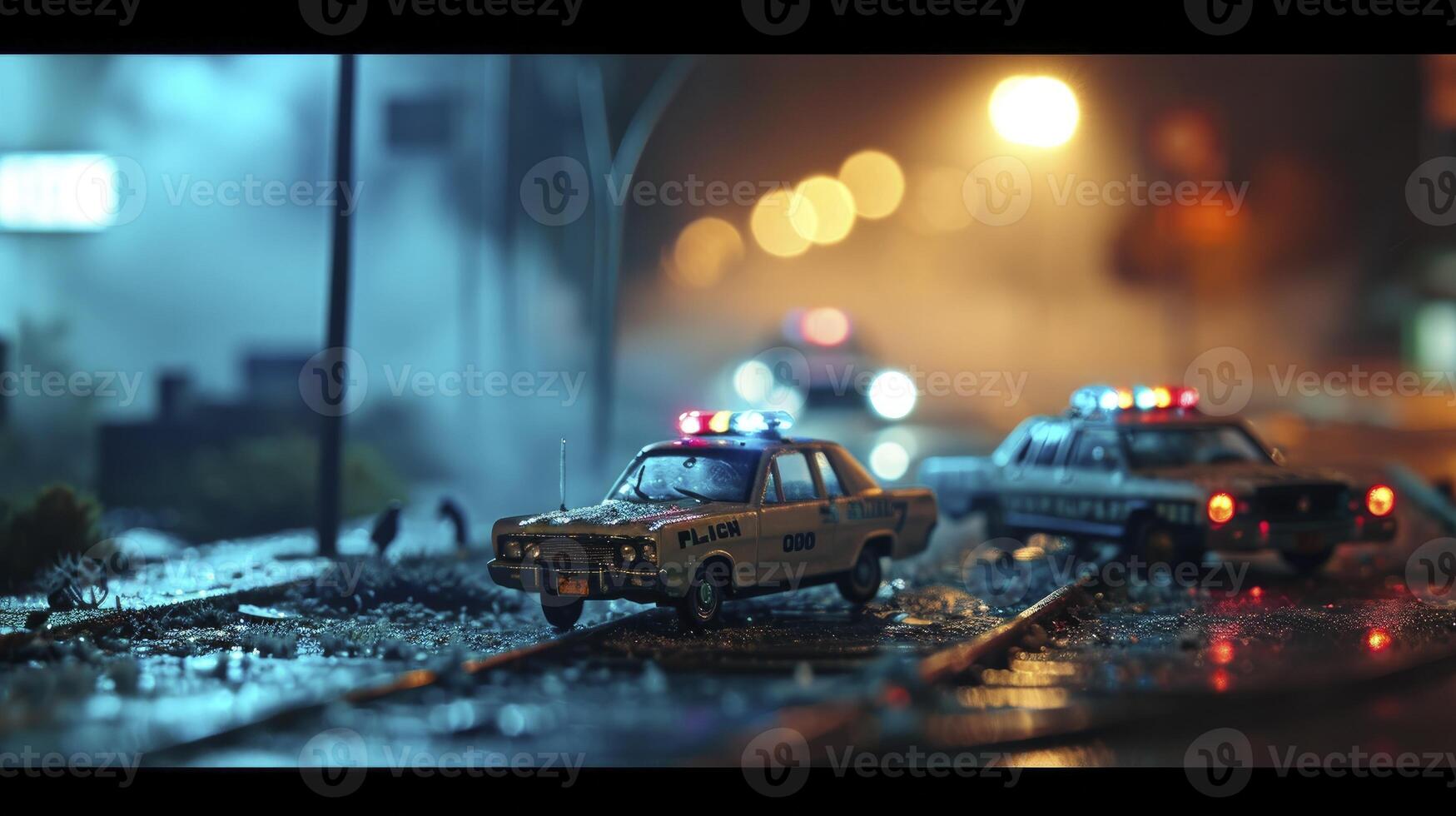 AI generated Idea for an action film. On a foggy, dark background, police cars and a miniature movie are displayed. A nighttime pursuit by a police cruiser. accident at the crime scene photo