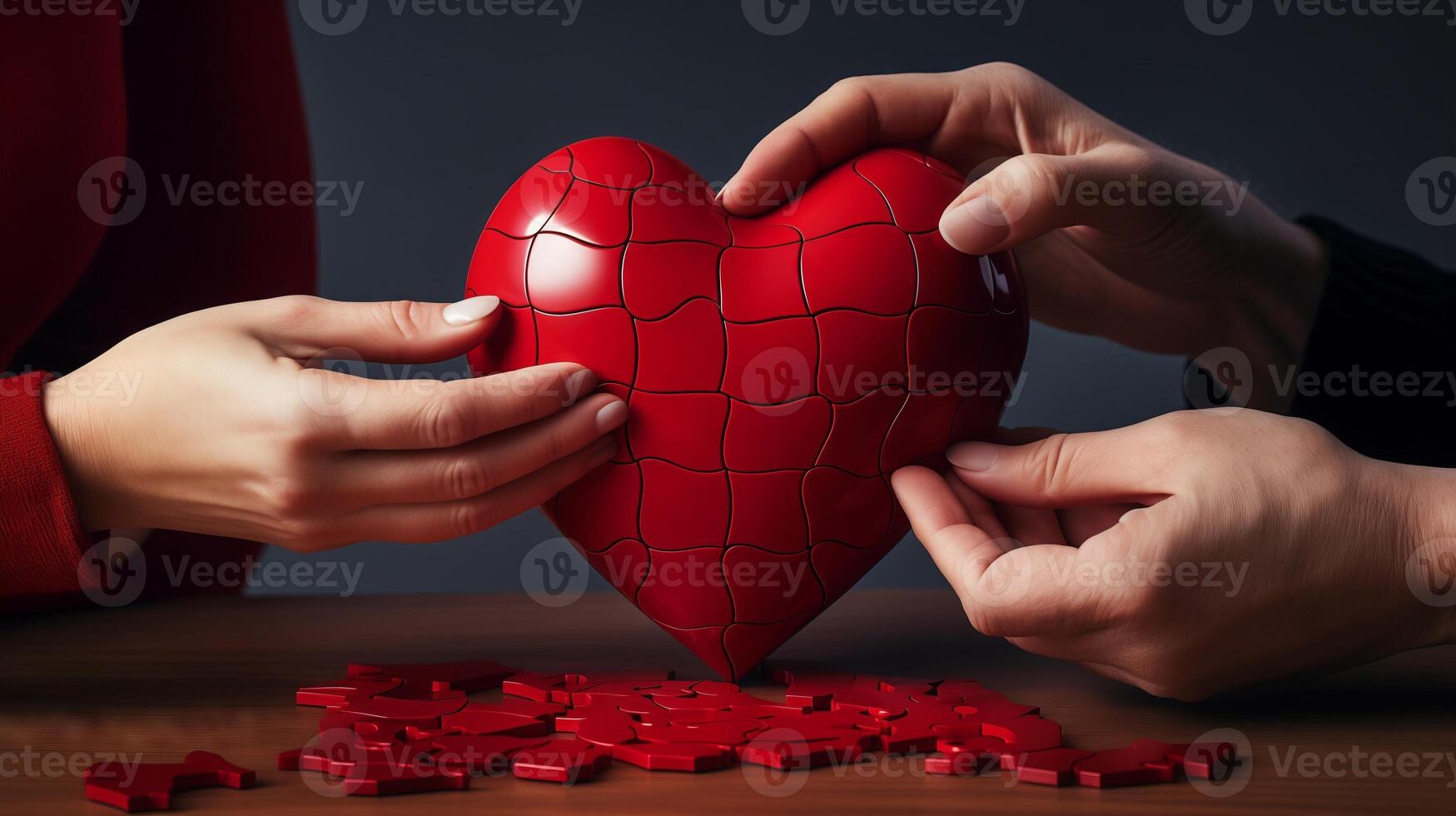 ai generado dos personas poner juntos un en forma de corazon rompecabezas. el concepto de edificio amor relaciones foto