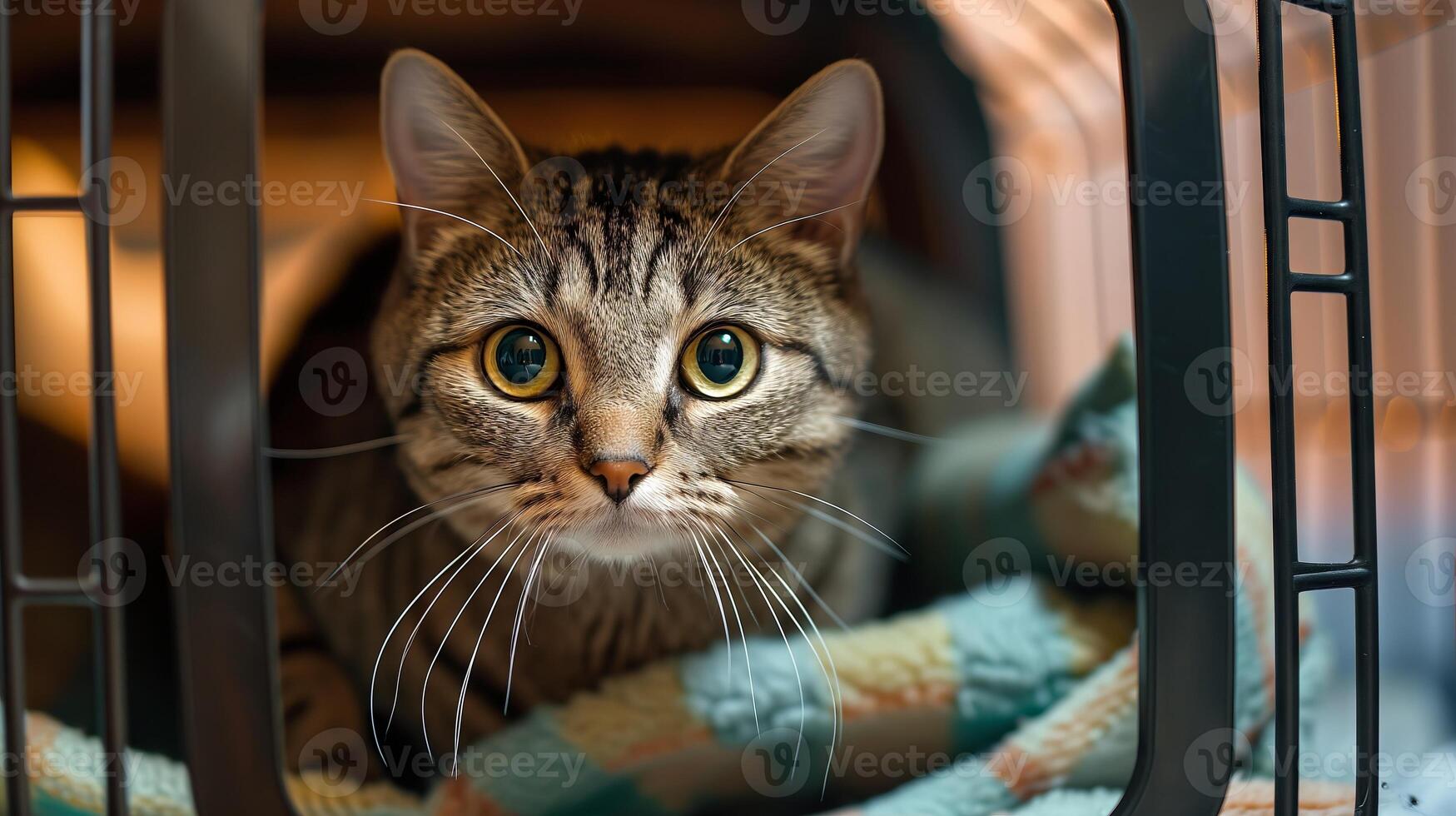 ai generado preocupado gato en un transportador. yendo a el veterinario. foto