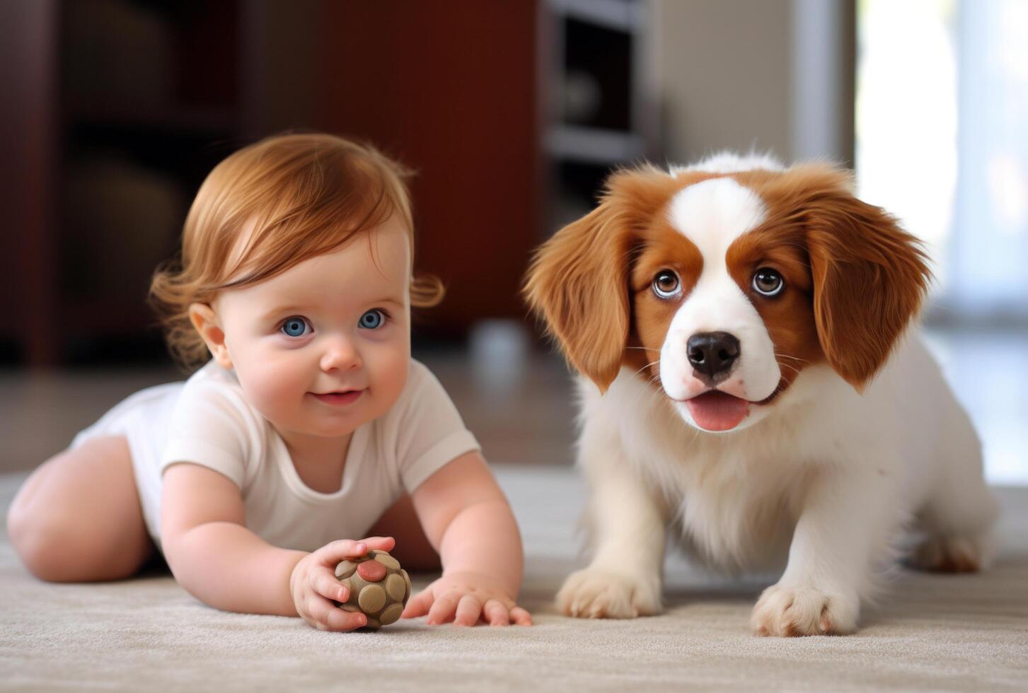 AI generated puppy playing with a baby on the floor photo