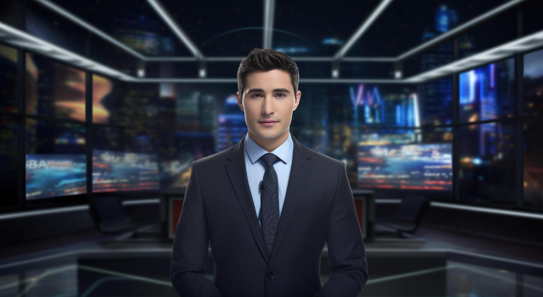 AI generated news anchor standing at the news room photo